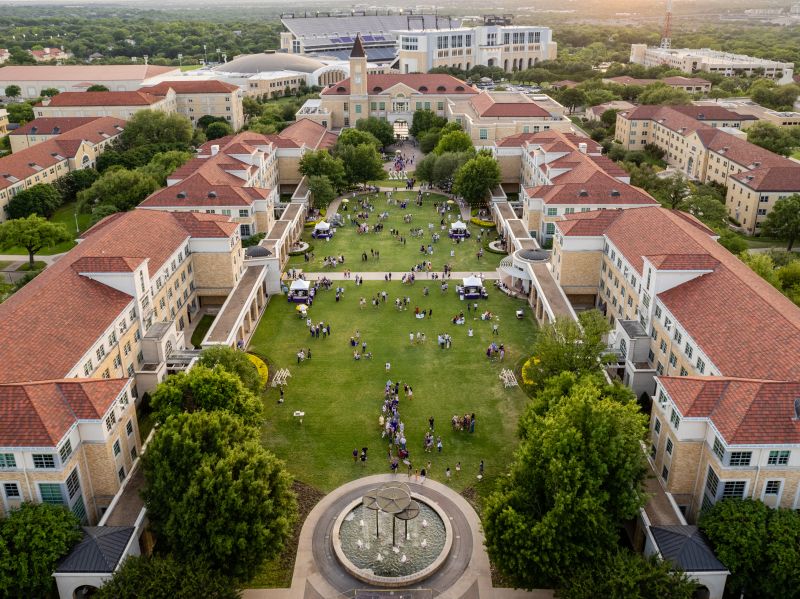 Image of Aerial view of university-style campus with red roofs